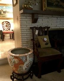 Antique Asian Fish Pond on stand, Chippendale chairs