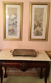 silver tray, marble top buffets, handpainted silk 