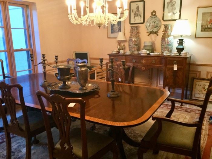 14 person Mahogany and Rosewood Sheraton Dining Table, Chippendale Chairs, Antique silver candelabras, silver plate champagne bucket and vase and large serving tray