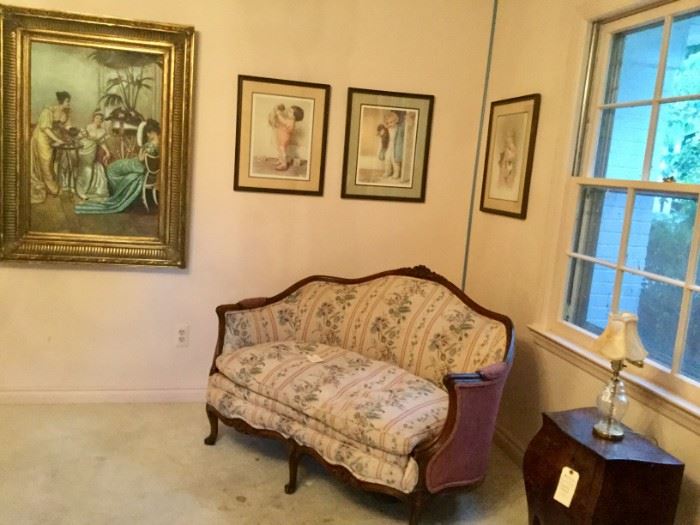 Antique Louis XVI Mahogany Loveseat / Settee, Oil on Canvas, Vintage prints, Antique Burlwood Bombe stand, antique boudoir lamp