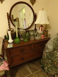 Antique English Oak Barley Twist Dressing Table Wash Stand w/ Mirror