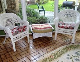 WHITE WICKER LOUNGE CHAIRS AND FOOT STOOL