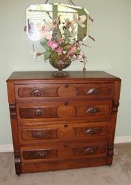 "SWEET" ANTIQUE CHEST OF DRAWERS WITH ACORN PULLS, HAS ORIGINAL CASTERS