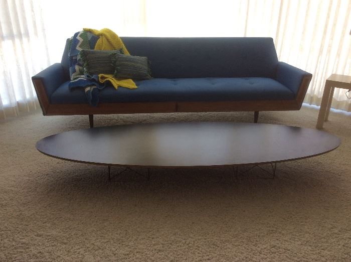 Adrian Pearsall style sofa, Eames for Herman Miller, signed, elliptical coffee table