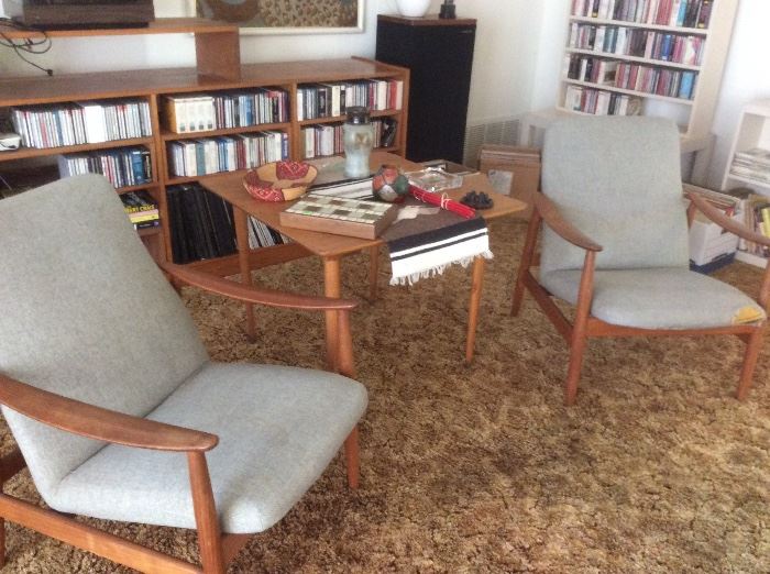 Teak lounge chairs, grey fabric, pair, walnut side table MCM 