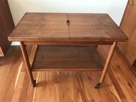 Danish teak rolling serving bar cart