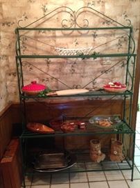 Green baker's rack filled with kitchen treasures