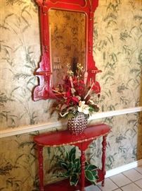 Red (trimmed in gold) entry table and matching mirror