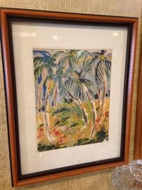 Palm tree scene framed watercolor art