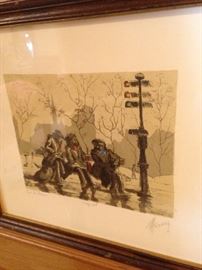 A color etching on paper of a street scene by M. Haranz.