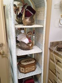 Swan towel holders; white wicker etagere