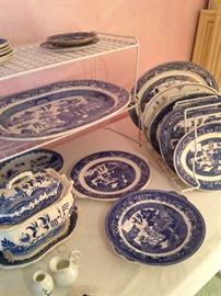 Blue & white tureen, plates, and platters