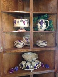 Grape cake plate, pitcher, bowls, and punch bowl with mugs