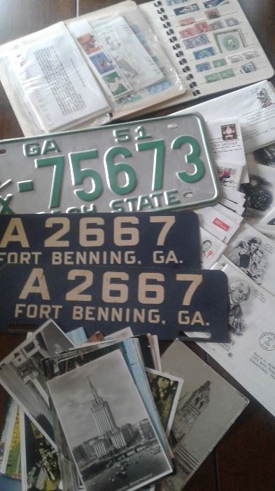 Vintage License plates, first day covers, postcards-stamps.  An entire Rubbermaid bin full of these goodies!