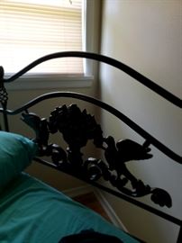black iron metal queen size bed frame with bird motif