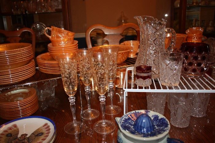 Fire King (vintage), cut glass pitcher and glasses, vintage Flo Blue juicer