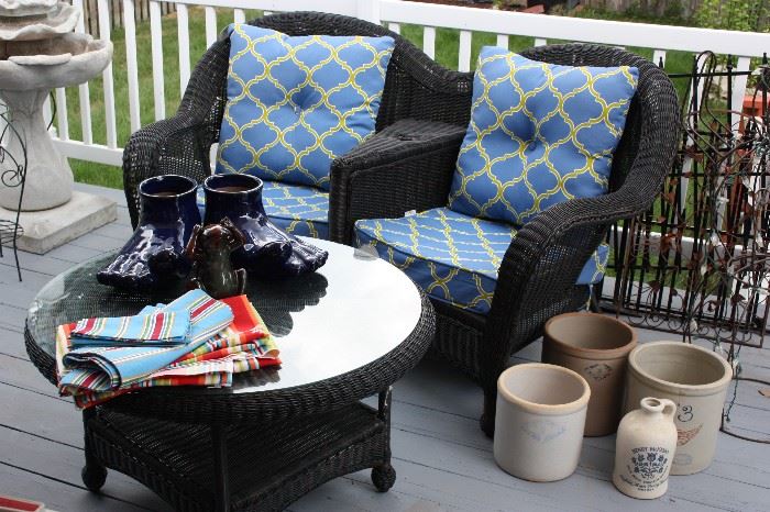 Wicker settee with new cushions, coffee table