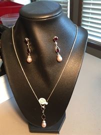 14K Garnet, Diamond and Pearl necklace and earrings