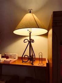 Wrought iron lamp, large paper clip holder and office supplies