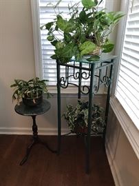 Wrought Iron Plant Stand (pair, varying heights); small Bombay Company Marble Top table (pair); Artificial plants