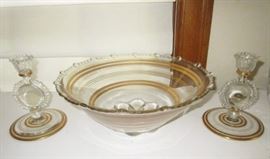 Antique glass bowl and matching candle sticks