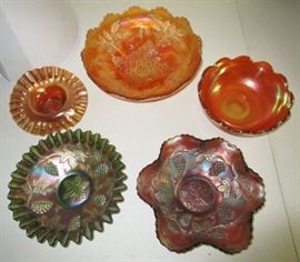 Carnival glass including stag glass bowl, 2 grapes/leaves bowls, etc.