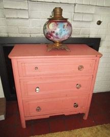 Painted 3 drawer chest w/ glass knobs, missing one, hand painted lamp (has been electrified)