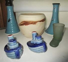 Salt & pepper boats, pottery items, glass boot