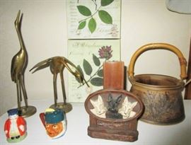 Brass cranes, Antique Scottie Dog brush & holder, misc. porcelain & pottery