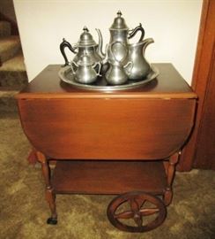Serving cart, pewter coffee/tea/serving set