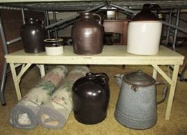 Stone jugs, butter crock, enamel coffee pot, vintage rugs