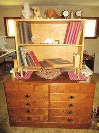 Ethan Allen dresser, bookshelf, antique books, Atlas, misc.