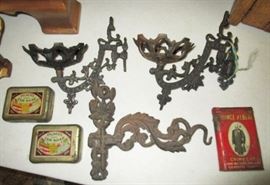 Cast iron lamp holders, wall hook, vintage tins