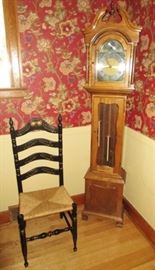 Black painted chair w/ gold designs, grandfather clock, (needs work)