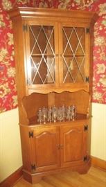 Ethan Allen corner cabinet, vintage glasses