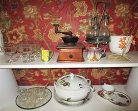 Antique coffee grinder, cruet set, soup tureen
