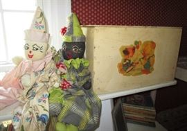 Cloth dolls, wooden child's box