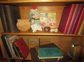 Antique/vintage books, woven basket, etc.