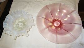Opalescent fluted bowl, Pink stretch glass bowl w/ rolled edge
