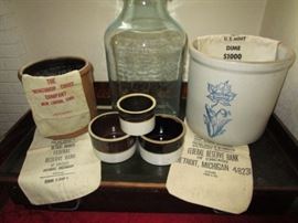 Salt glaze crock, Western crock, butter crocks, large glass jar, Detroit, MI bank bags