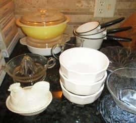 Pyrex, enamel kettles, misc. kitchen items