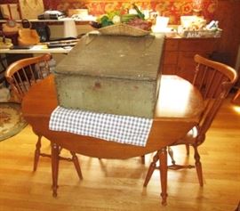 Hinge top primitive storage/desk top? and Ethan Allen table w/ 6 chairs, 2 leaves and table pads