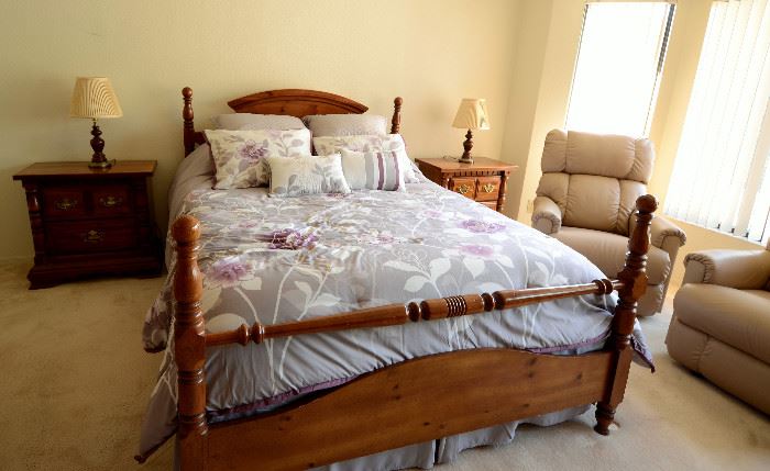 Vintage 4 post bed in beautiful condition. Bedding and matching pillow for sale too. Bed side tables that match the larger dressers for sale too. New Lazyboys for sale.