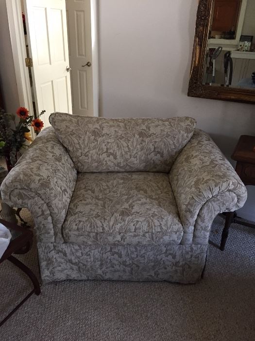Vintage "shabby chic" overstuffed arm chair with ottoman. Matched sofa in previous photo. Purchased from Marshall Field's in 1997.