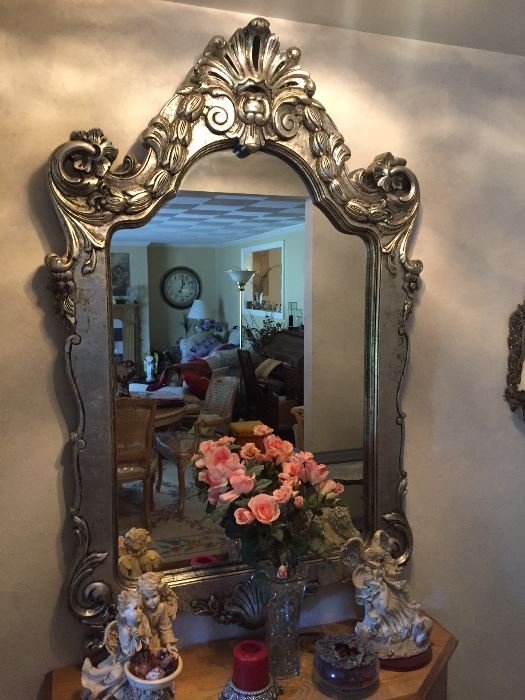Silver leaf wood framed "Storybook" mirror from Walter E. Smith furniture. Approximately 3'x4'