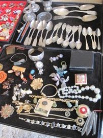 coin silver spoons & costume jewelry