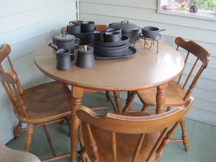 Bennington black pottery dish set on HALE maple table & four chairs