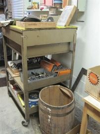metal cart & wooden keg