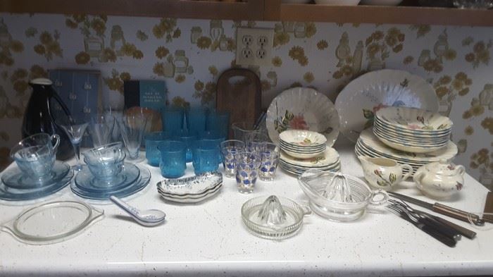 Blue Ridge dishes, blue glassware