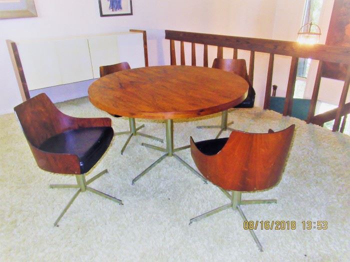 1963 Marshall Fields  table and chair set, all on a chrome base and rosewood with black seats STUNNER, RARE